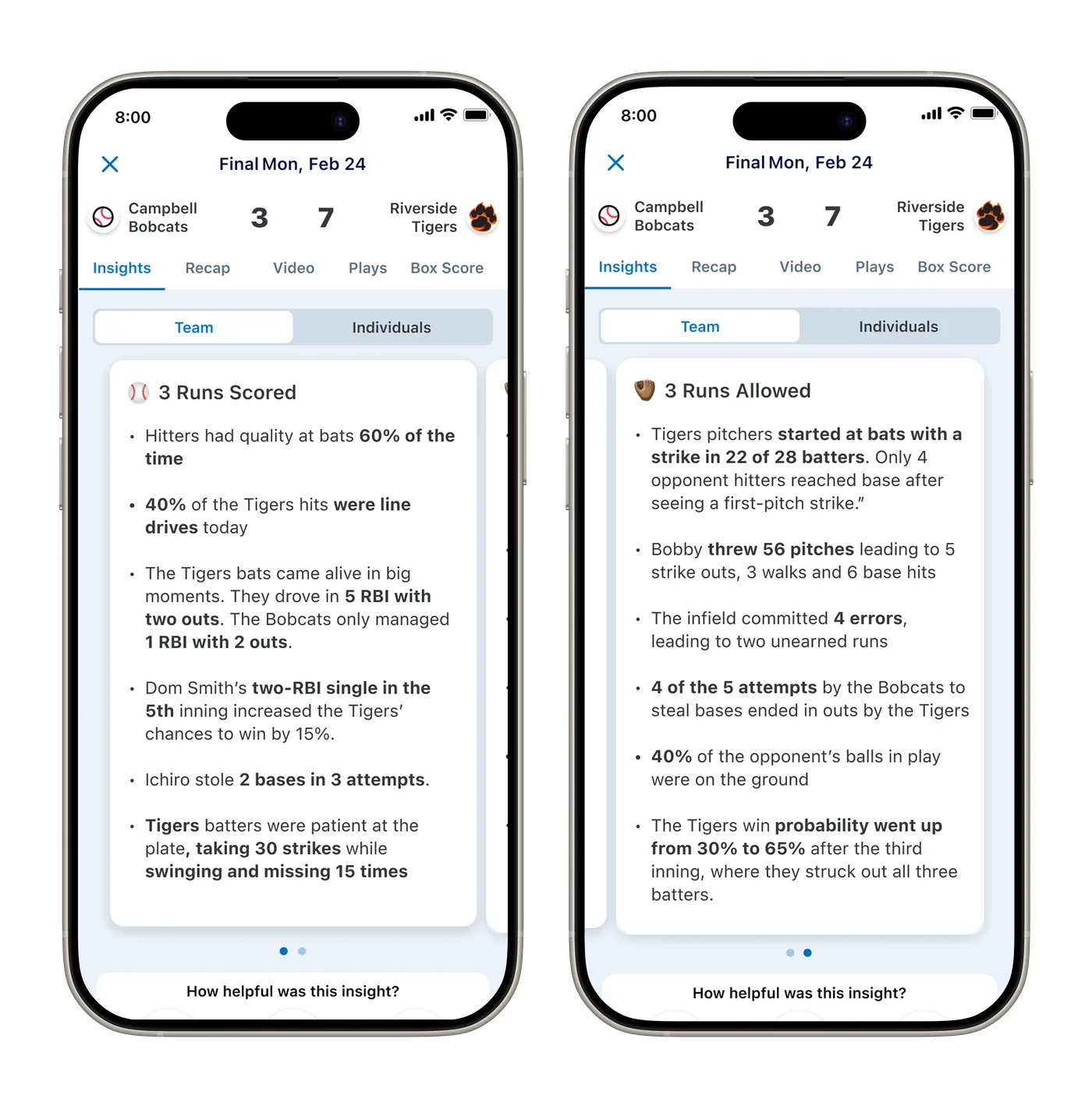 Post-game team insights on mobile, offense and defense summaries
