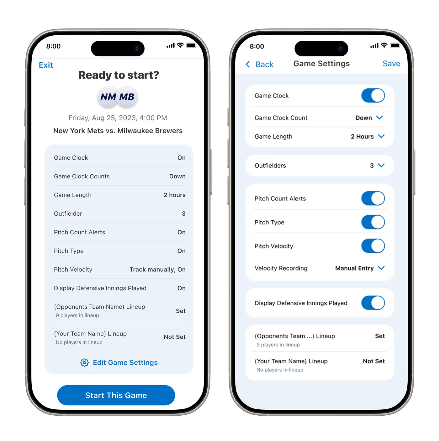 Pre-game settings and game setup on mobile