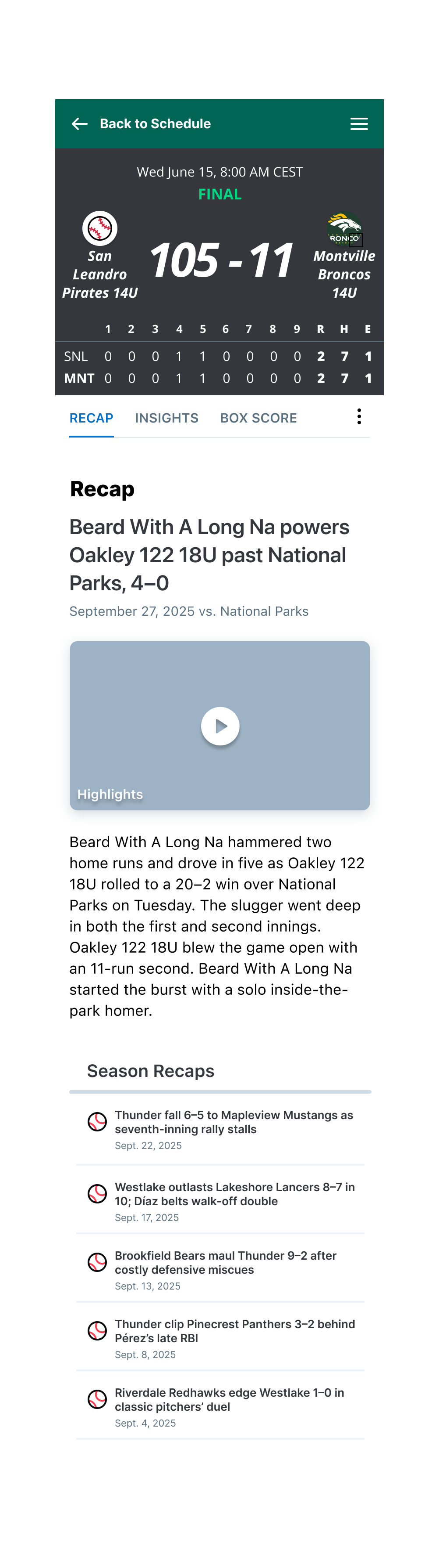 Post game recap on mobile