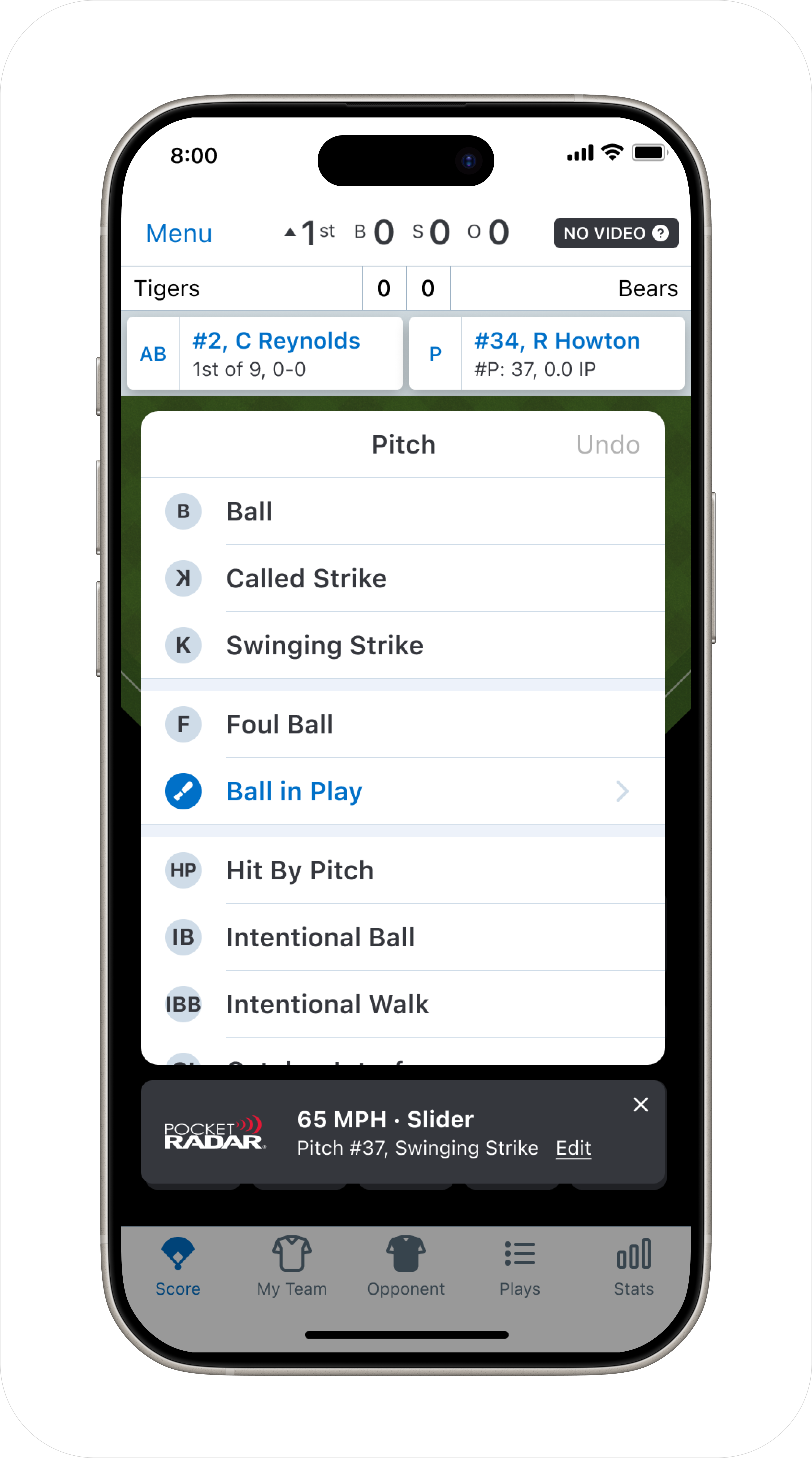 Pocket Radar toast showing pitch result