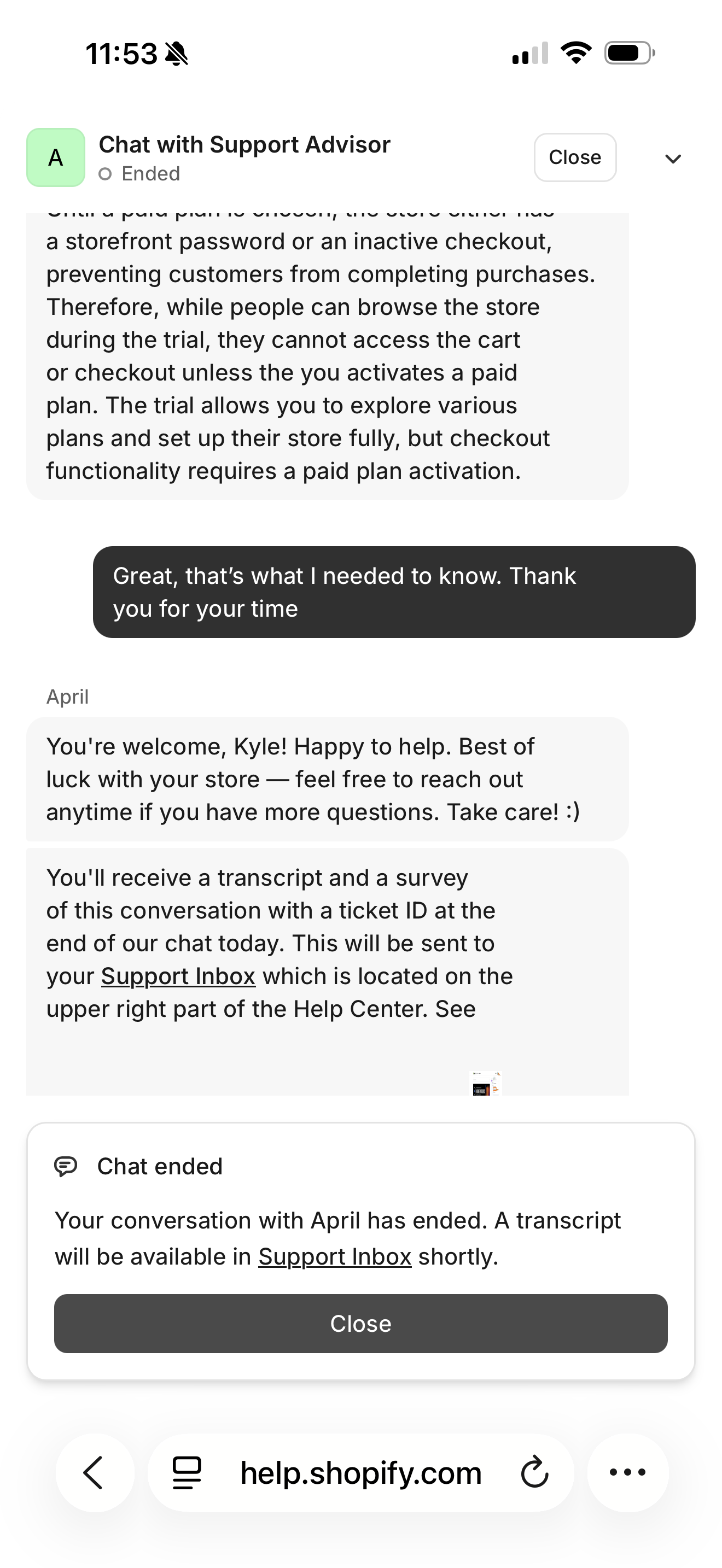 Chat ended with transcript notice