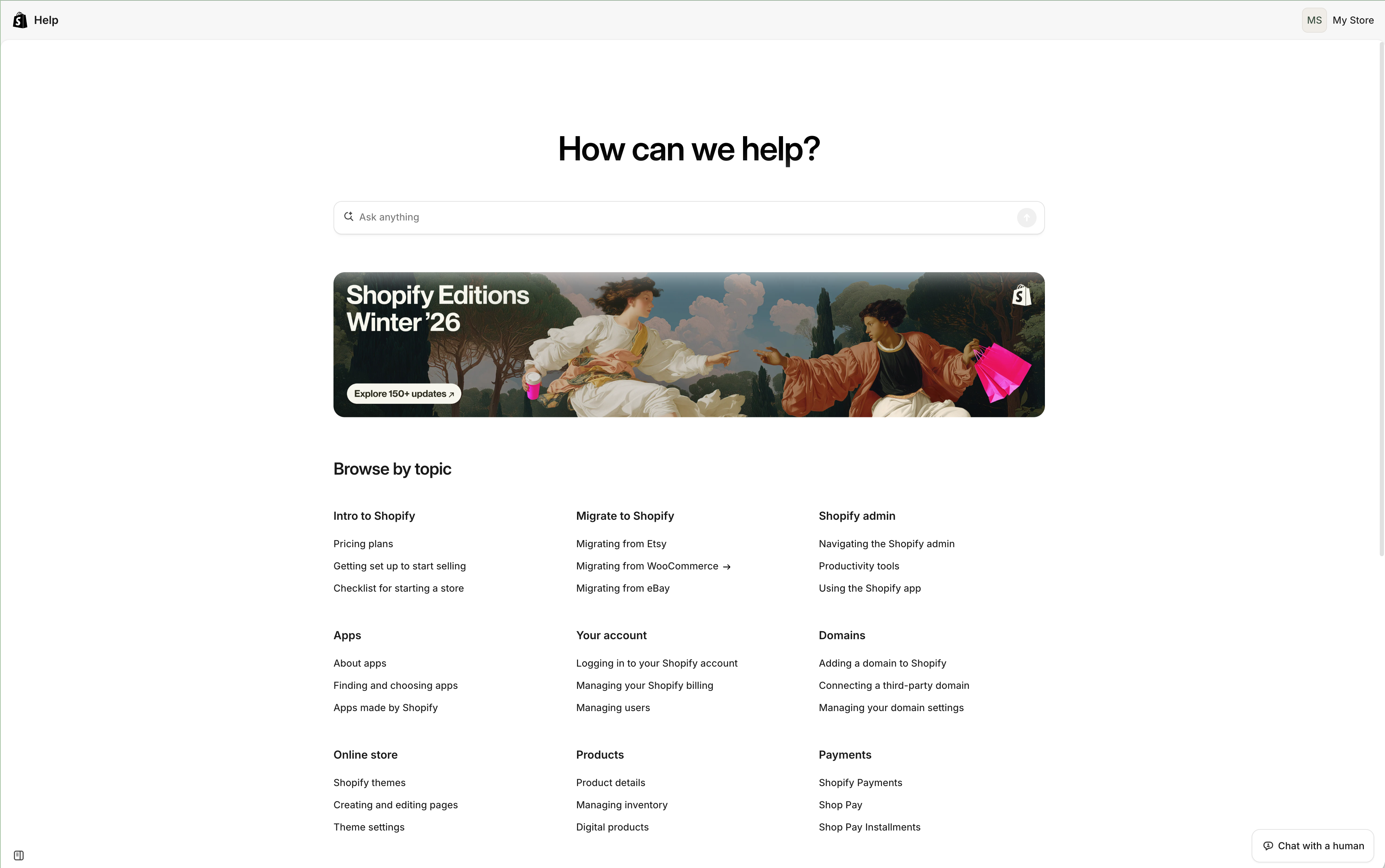 Shopify Help Center landing page