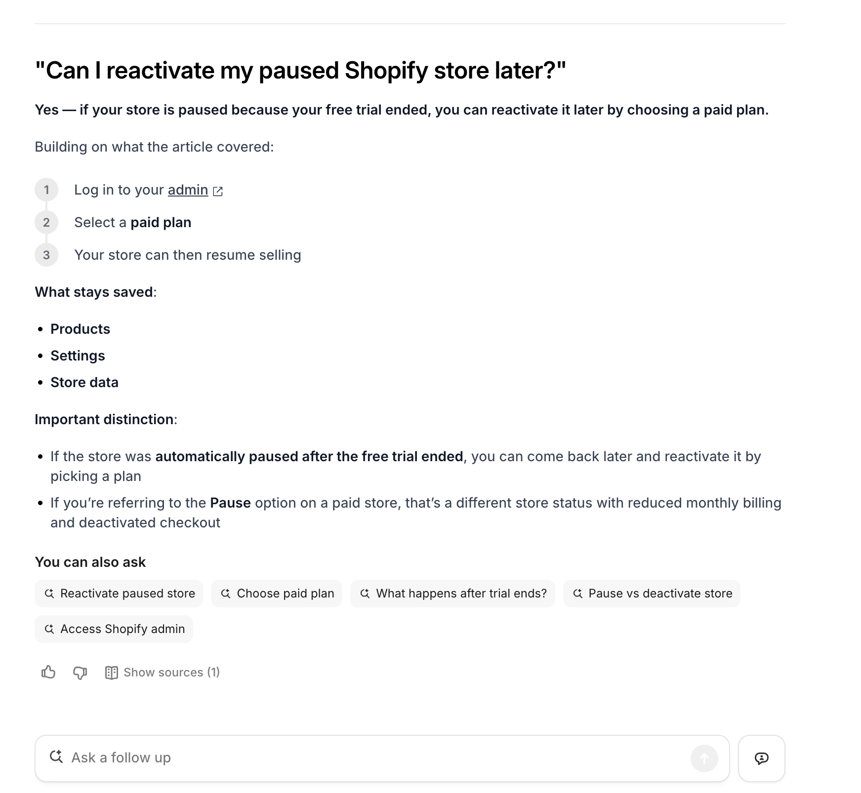 AI follow-up response with numbered steps and suggested questions