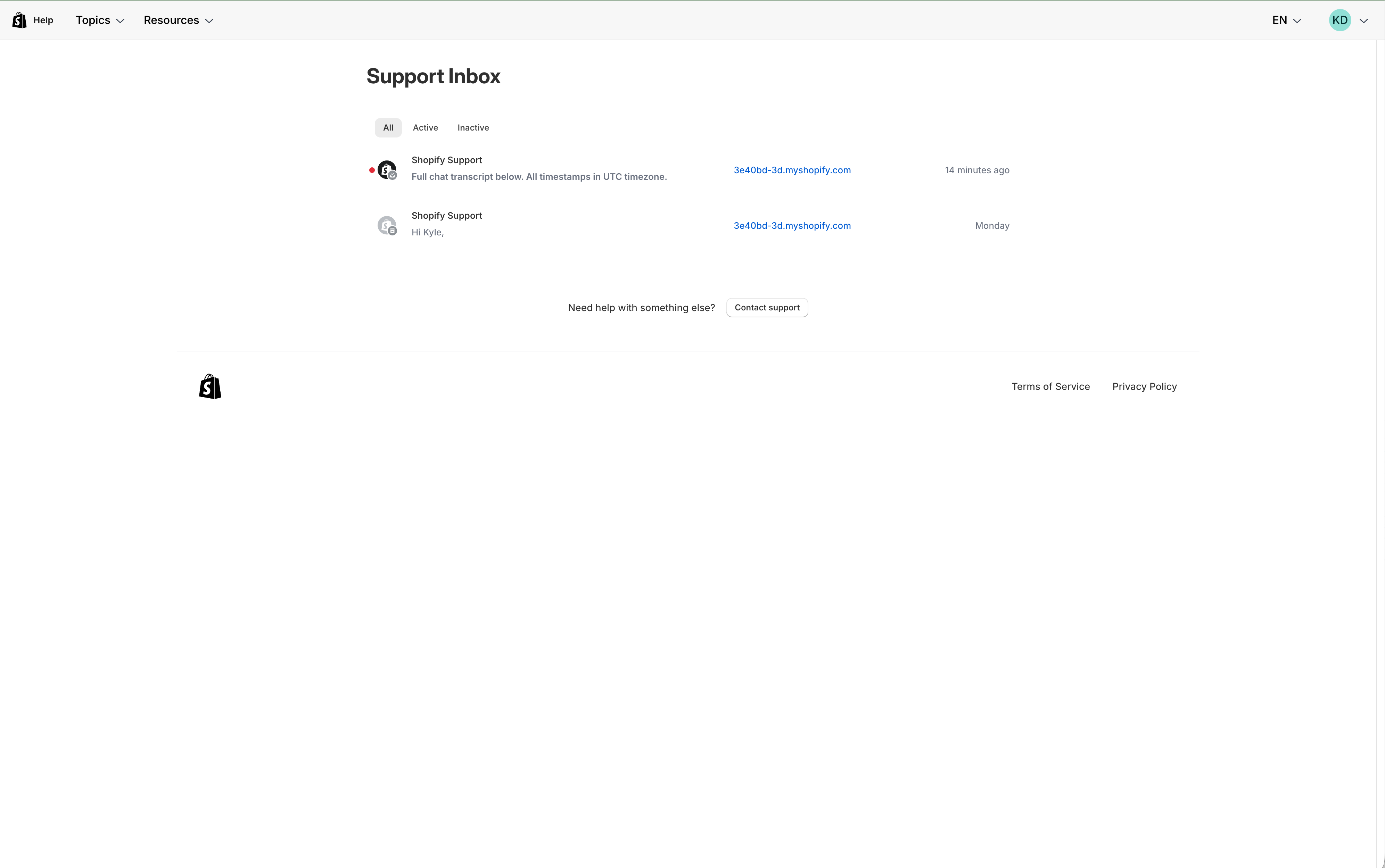 Shopify support inbox listing recent conversations