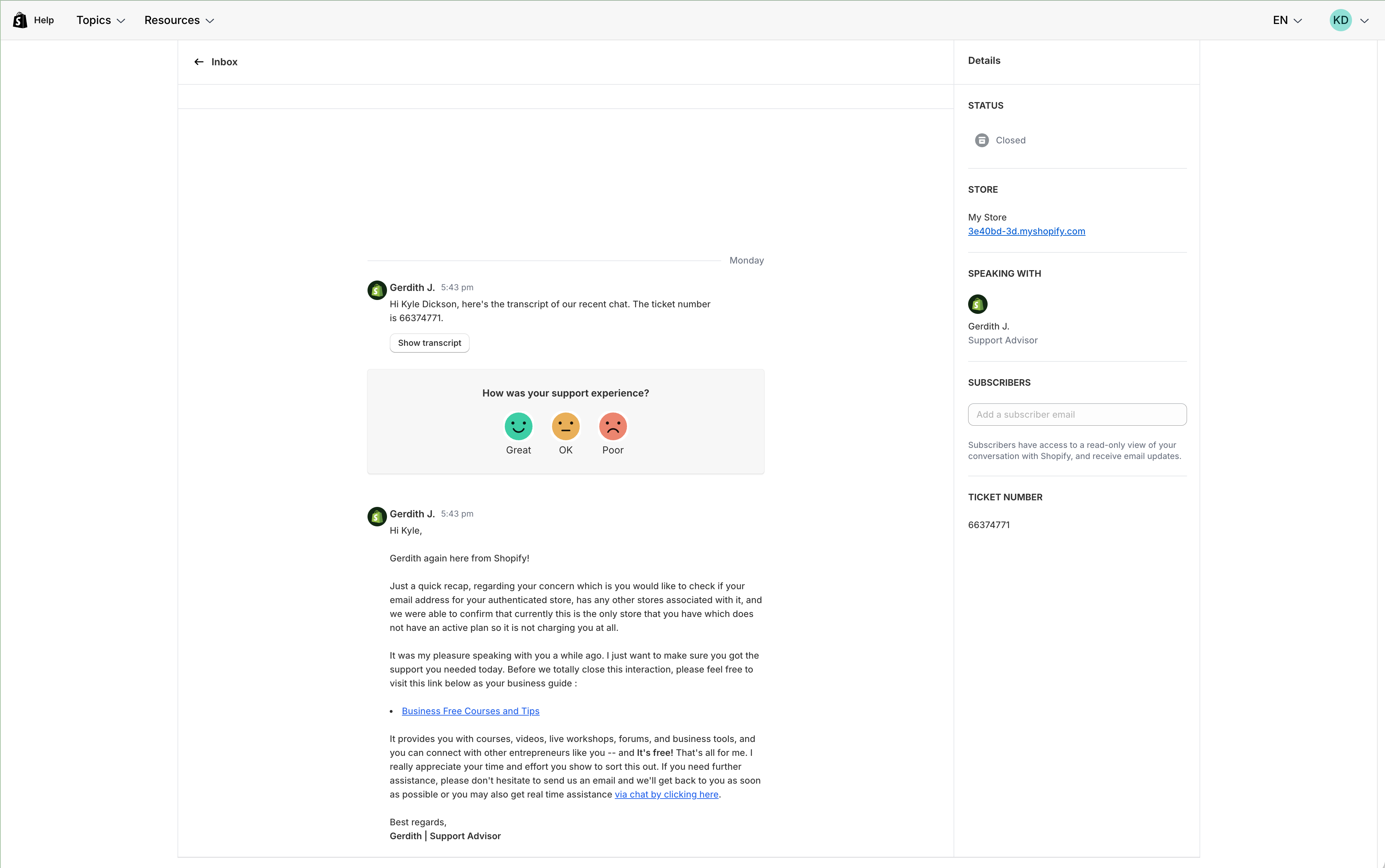 Support ticket review with rating and details panel