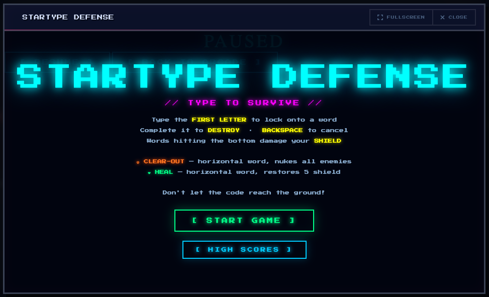 Startype Defense intro screen