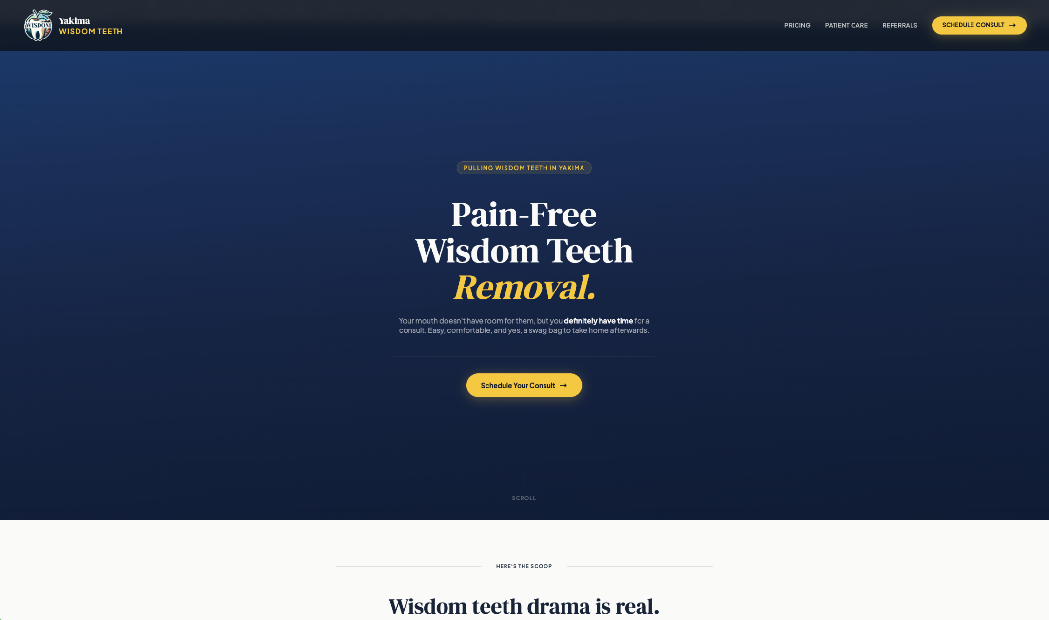 Yakima Wisdom Teeth landing page: pain-free wisdom teeth removal with a direct path to booking