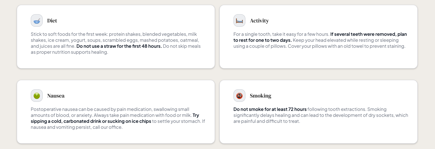 Patient care cards covering diet, activity, nausea, and smoking after surgery