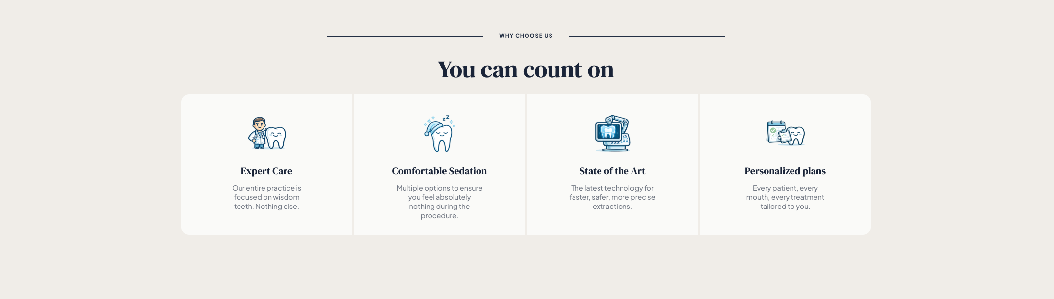 Custom tooth character illustrations across the why-choose-us cards
