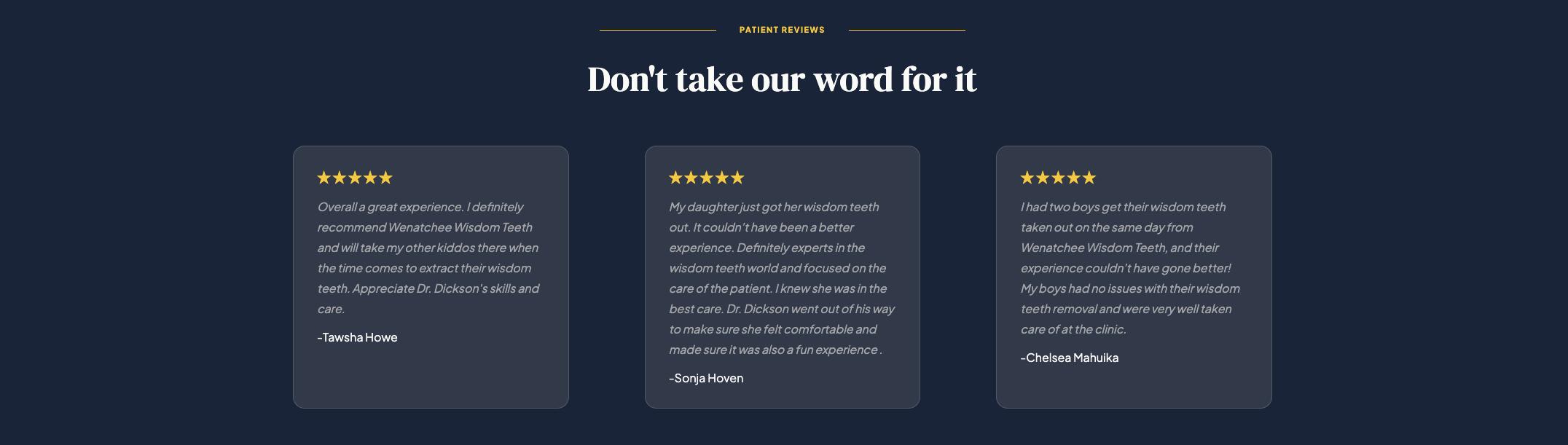 Five-star patient reviews surfaced from Google