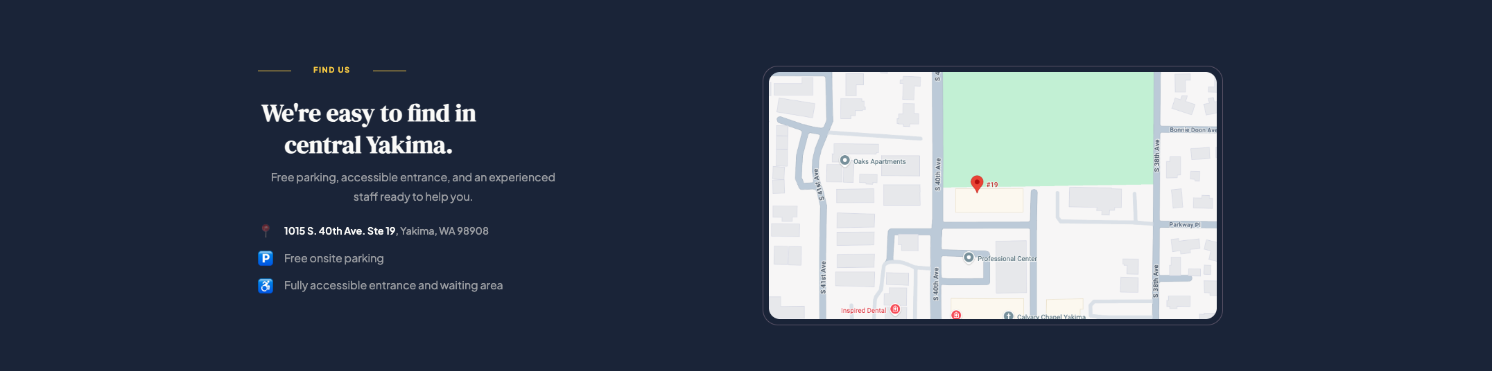 Find-us section with map, parking, and accessibility details